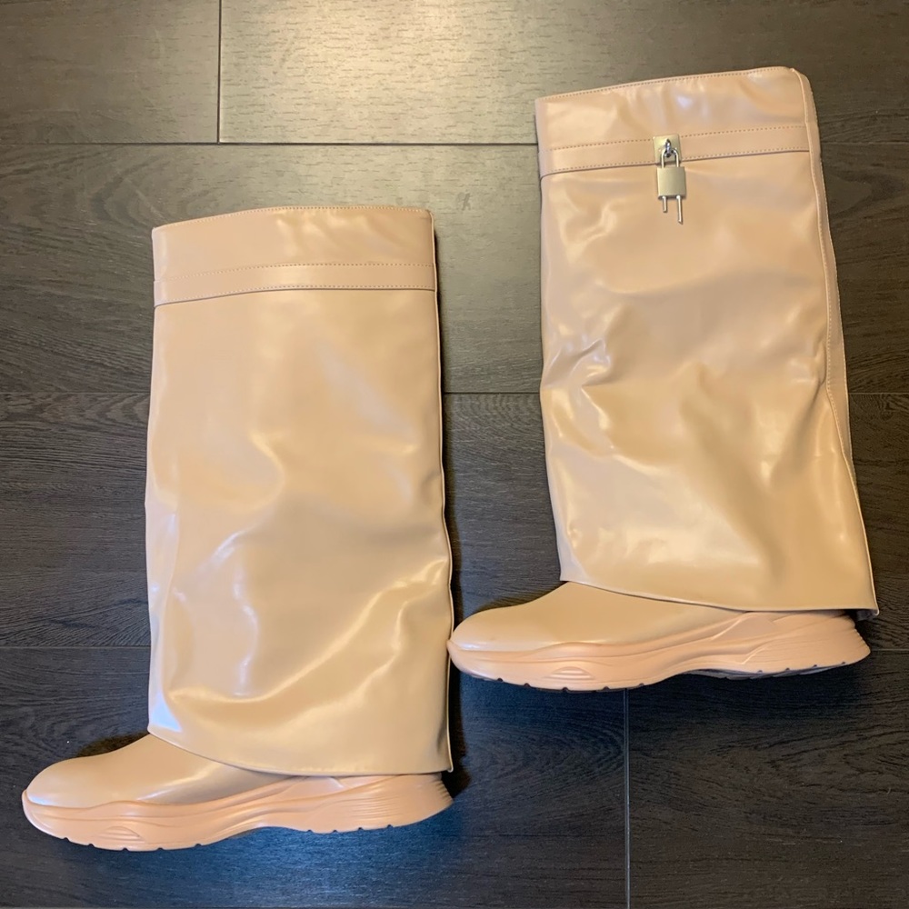 Nude Modern Hiking Knee High Boots Outdoor Fashion Cream Tan Winter Flat
